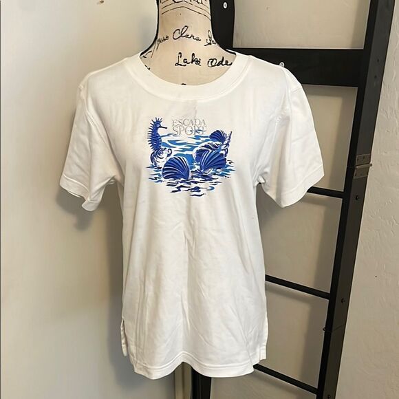 Escada Sport Sea Ocean Theme White T-Shirt with Blue Graphic Casual Coastal - Picture 1 of 10